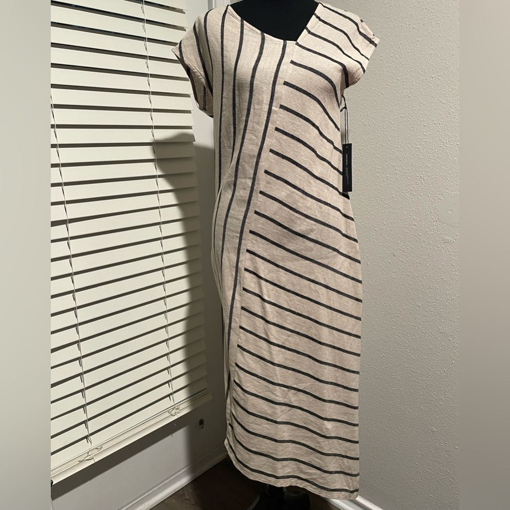 Tahari Linen Blend Asymmetrical Pieced Striped Dress